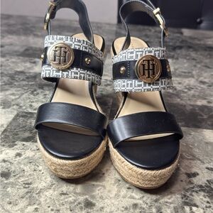 Tommy Hilfiger Black Logo Espadrille Wedge Sandals with Gold Accents